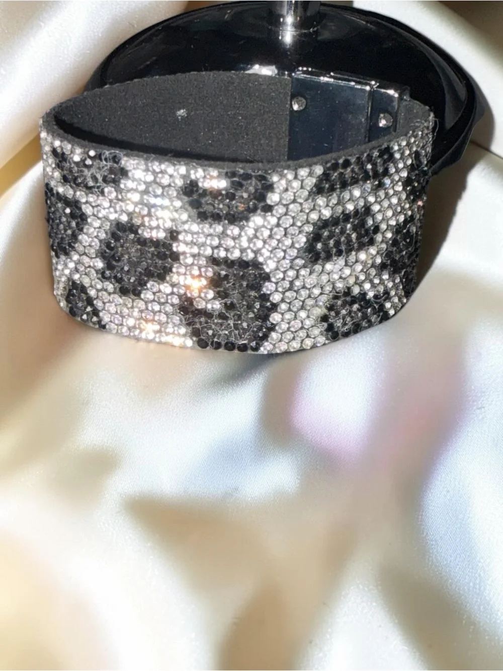 Black & Silver Rhinestone Leopard Print Wide Bracelet